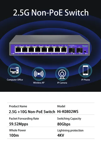 Imagen 2 del producto Hisource Switch de red None-POE 2.5G 5 Conmutador Ethernet de 8 puertos con 2*10G SFP+ para cámara IP/NVR