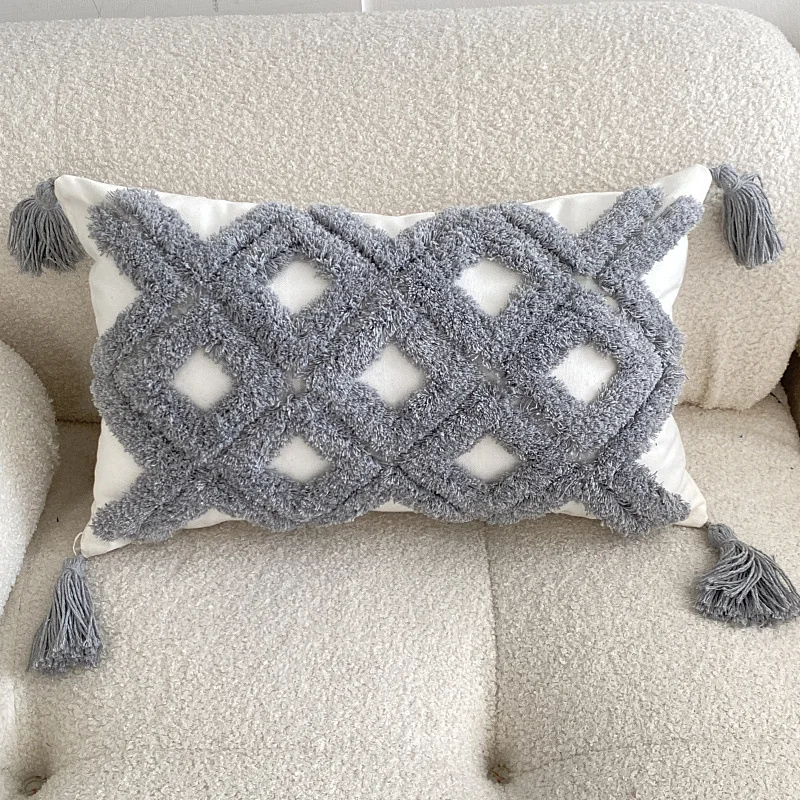 Grey Geometric Tufted Cushion Cover Cotton Canvas Tufted Pillowcase Four Corner Tassel Sofa Pillow Cover for Living Room