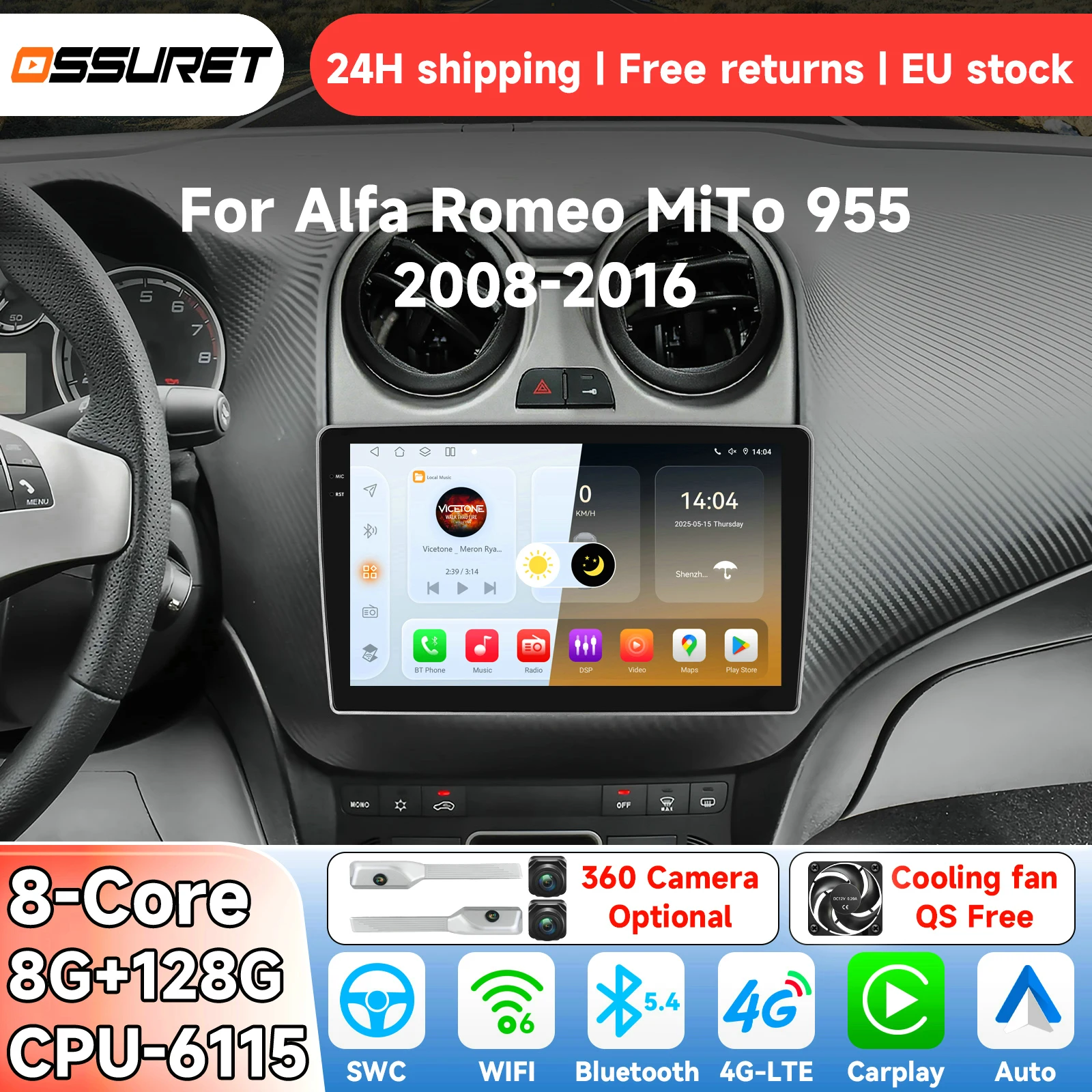 OSSURET Android 14 Autoradio Voor Alfa Romeo MiTo 955 2008-2016 Intelligent Systeem Carplay auto Multimedia Video Player GPS 6115 - afbeelding 2
