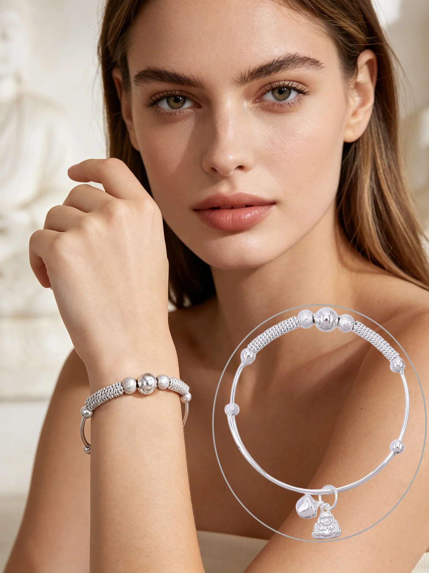Laughing Maitreya Buddha Bell Charm Adjustable Push Pull Silver Bangle Chinese Style Good Luck Protection Amulet Bracelet