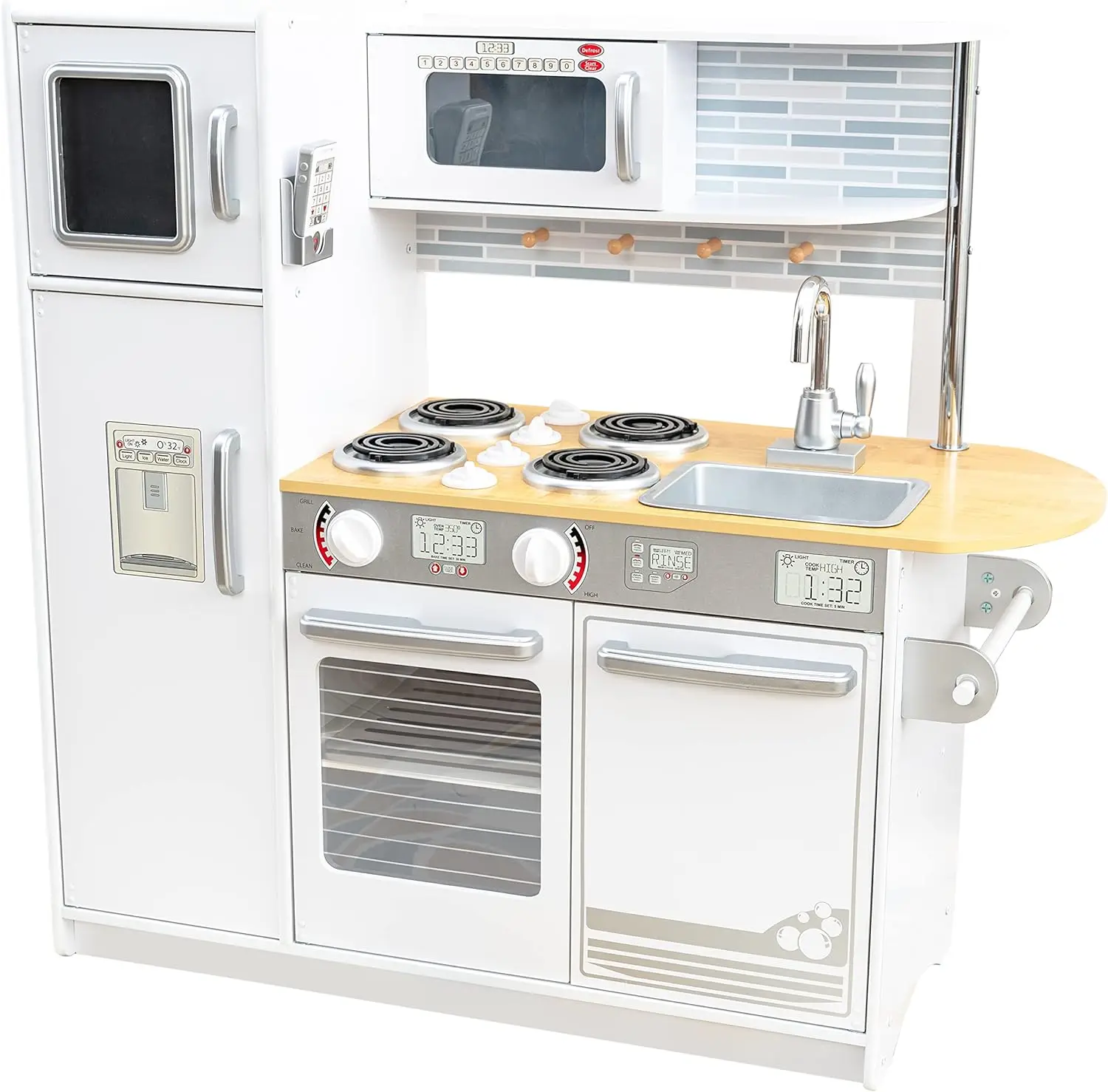 Uptown White Wooden Play Kitchen with Play Phone, Chalkboard & Towel Rack, Gift for Ages 3+