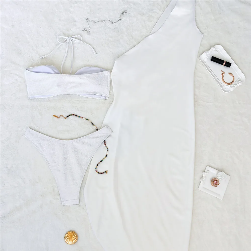 Costumi da bagno con anello in metallo bianco solido Set bikini a 3 pezzi Abiti lunghi Cover Up Costume da bagno sexy Donna 2025 Bikini a fascia Beachwear