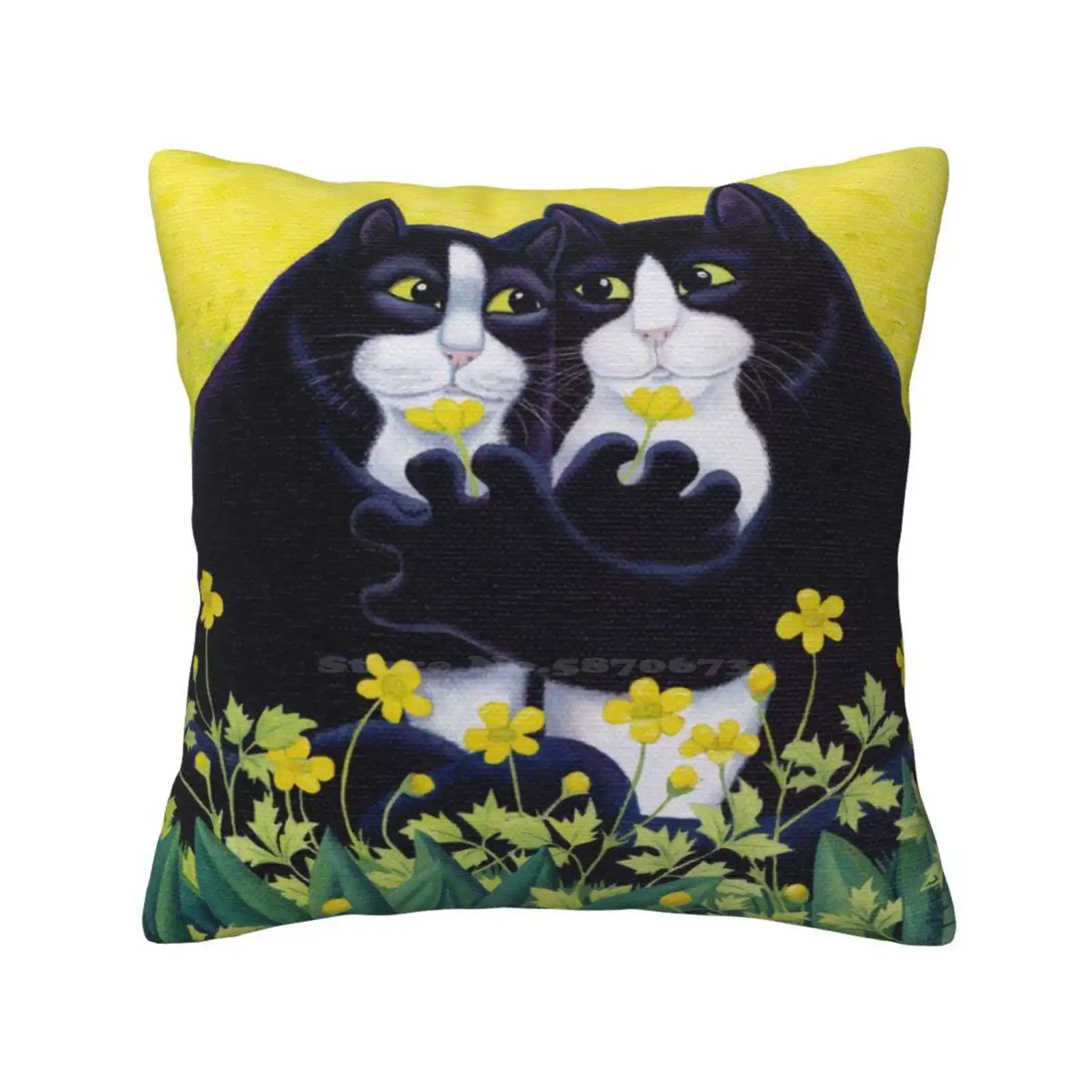 Buttercups Funny Cute Decor Square Pillowcase Cats Buttercups Love Flowers Tuxedo Black White Vickymount Edinburgh Scotland