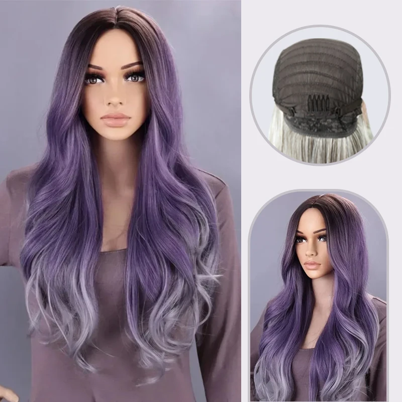 

Synthetic Long Wavy Middle Part Wig Purple Natural Wigs for Women Heat Resistant Ombre Purple Gray Wig Daliy Party For daily Use