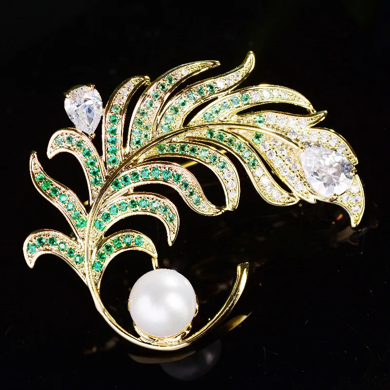 

OKILY Korean Fashion Green Feather Freshwater Pearl Broochpins Creative Zircon Leaf Brooch Woman Clothing Accessories Broach Pin