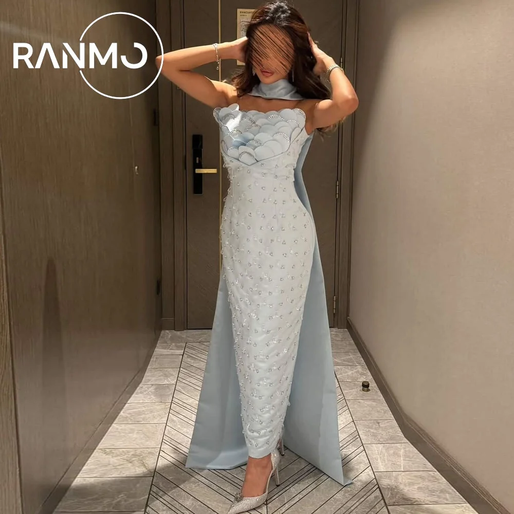 Ranmo 2026 Luxuriöses blaues Meerjungfrau-Abendkleid mit Perlenstickerei, Dubai Sierra Satin-Schal, neues Ballkleid mit Falten, individuell gestaltet