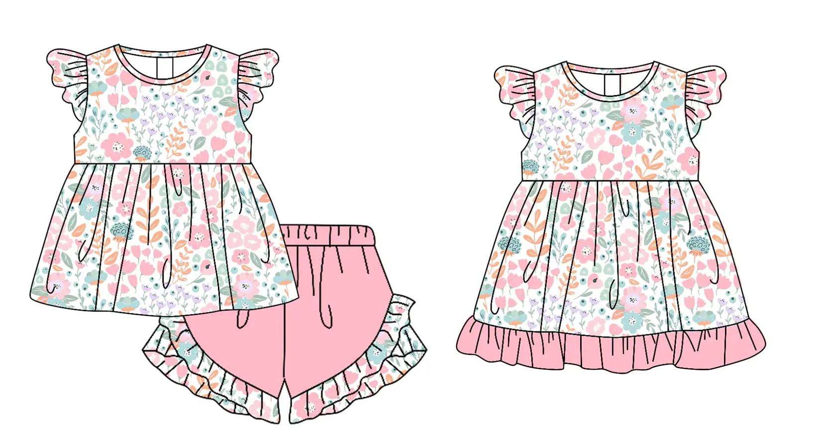Girls Summer Clothing Pink Floral Print Top With Flutter Sleeves and Matching Shorts Boutique Set