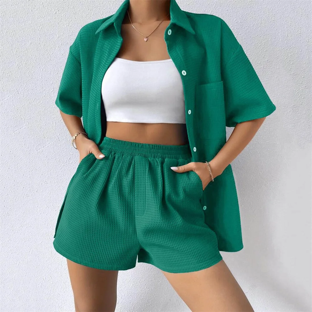 High Waist Shorts Suits Women\'s Clothes Summer Female Tops Turn Down Collar Short Sleeve Pockets Button Tops Casual 2 Pieces Set