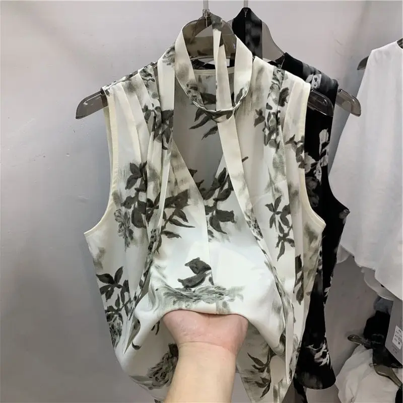 

Sleeveless Print V Neck Thin Elegant Shirt Tops Summer Chiffon Loose All-match Vintage Blouse Temperament Fashion Women Clothing