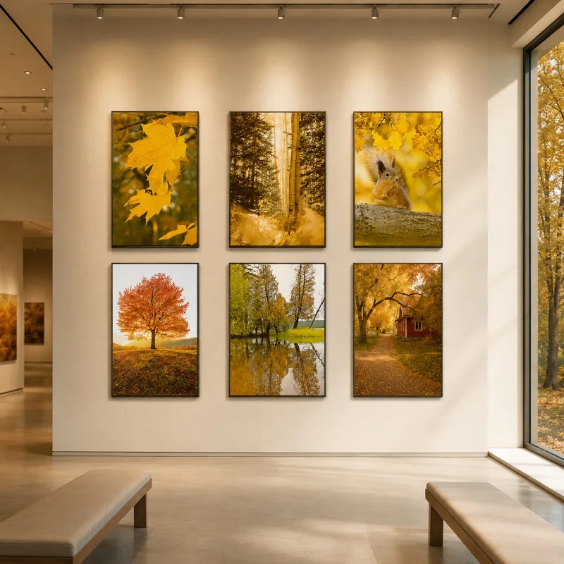 Golden Autumn Forest Canvas Gallery Wall Prints Squirrel Maple Tree Lake Fall Landscape Wall Art Farmhouse Home Decor Gift