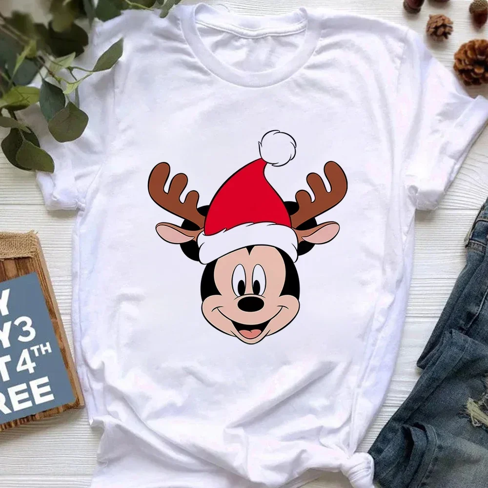 2024 Merry Christmas T Shirt for Women Harajuku Aesthetic Mickey Print Clothing White Tops Fashion Short Sleeve T-shirt Female