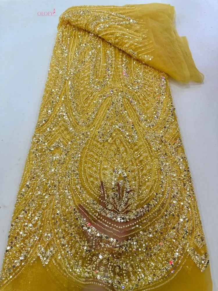 

OLOEY African Luxury Sequins Lace Fabric 2026 Latest Beaded Embroidery French Tulle Mesh Lace Fabric Material For Wedding Sewin