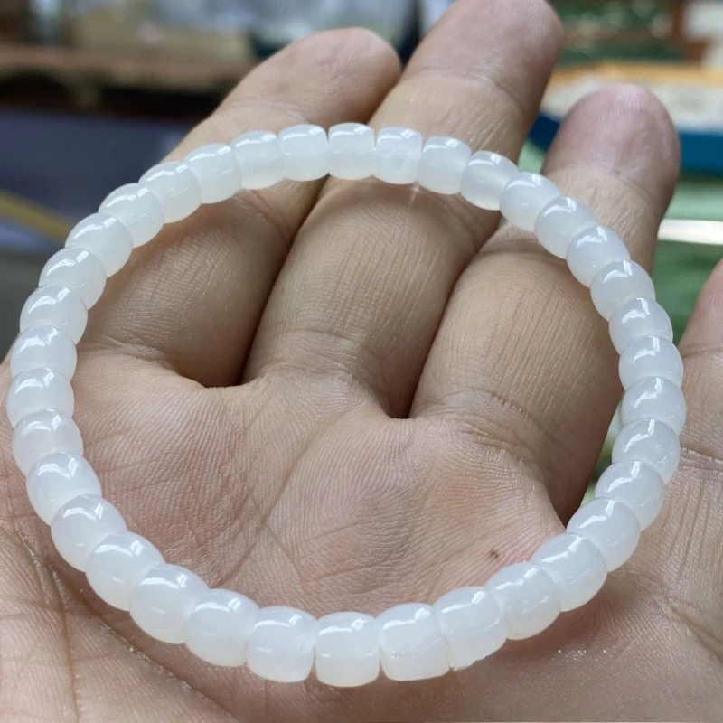 High oiliness Natural Hotan Jade bracelet barrel type pearl goat fat white jade delicate and oily men women jade bracelet luxury