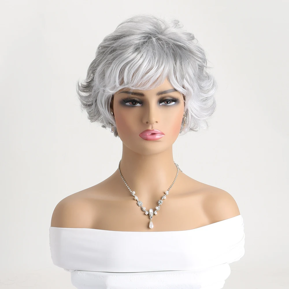 

10 Inch Curly Wig Synthetic Short Silver Gray Wig With Bangs Natural Looking Heat Resistant Fiber Hair Suitable For Women