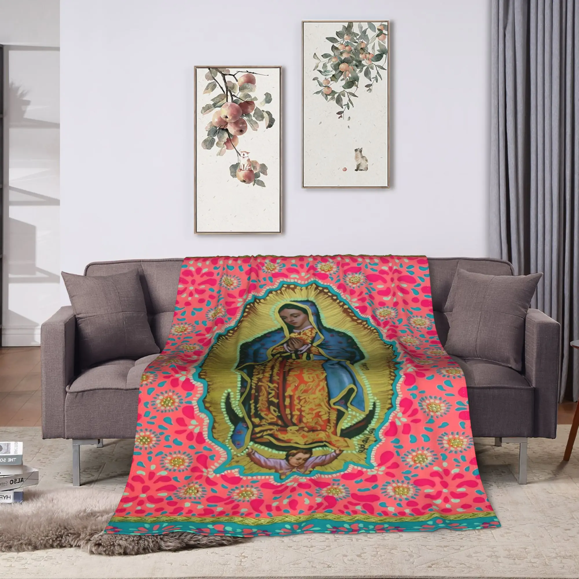 Virgin Mary Cherubs Rose Flannel Blanket  Super Warm Bedding Throws for Couch Chair Travel Fashion Bedspread Sofa Bed Cover