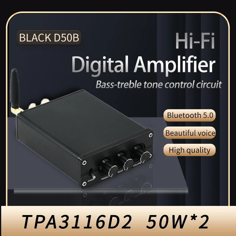 HiFi 2.0 Full Digital Audio Power Amplifier TPA3116D2 50W*2 Bluetooth 5.0 tonal treble and bass adjustment D50B