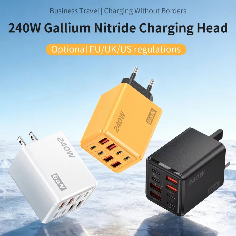 KEBIDUMEI 240W GaN 8Port Wall Charger 4PD 4USB‑A Multi‑Port Fast Charging Power Adapter EU US UK Plug For Laptop Travel Charger
