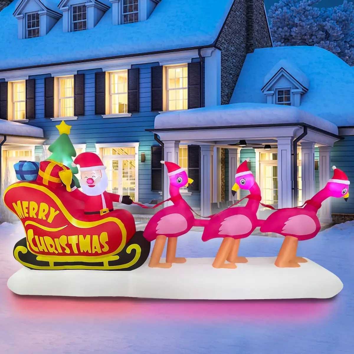 10FT Long LED Lighted Christmas Inflatable Flamingo Pulling Santa Sleigh Decor Outdoor Xmas Home Garden Decoration