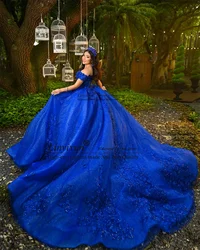 Royal Blue Ball Gown Quinceanera Dress With 3D Flower Applique Beaded Birthday Sweet 16 Gown Off Shoulder Vestidos De 15 XV Años