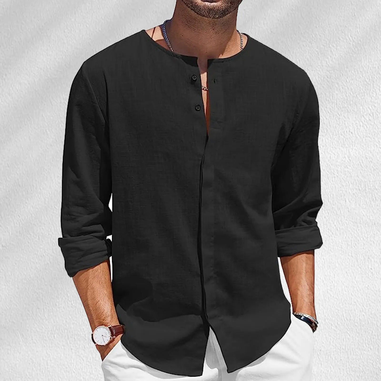 

Summer Men Cotton Linen Long Sleeve Shirt Button Casual Crew Neck Solid Color T Shirt Beachwear Daily Shirt Top Men Clothing
