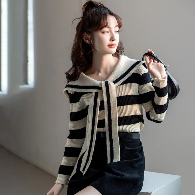 Women Striped Knitted Cardigan Office Lady Korean Fashion Long Sleeve Sailor Collar Basic Sweater Jumper Y2k Preppy Style Autumn