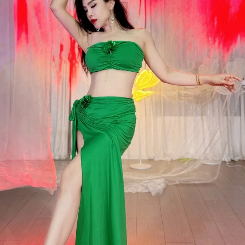 Dostosowane stroje do tańca brzucha Swegal, strój do tańca orientalnego, strój do ćwiczeń, 4-kolorowa kwiatowa sukienka bez ramiączek i długa spódnica ze sznurkiem.