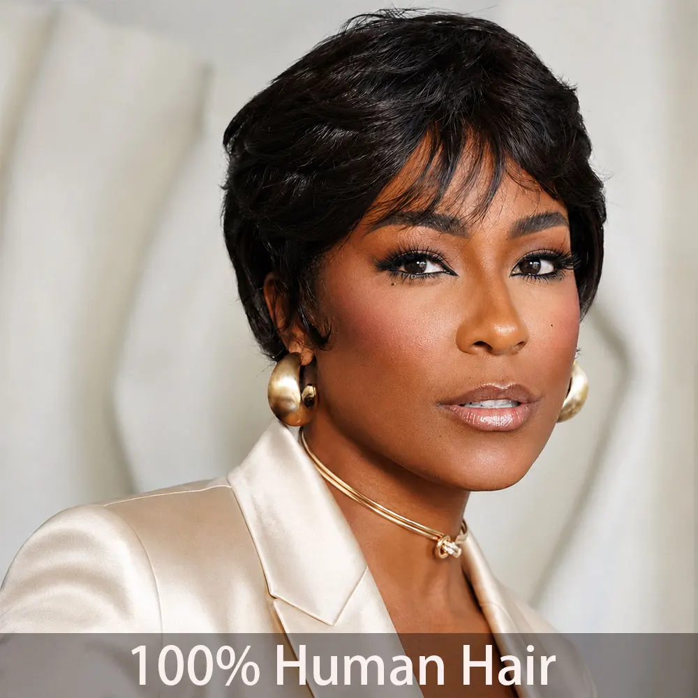 Short Pixie Cut Human Hair Wig - 200% Density Elastic Cap, Straight Machine-Made Black Basic Style for Women, Daily Wear & Special Occasions, Short Hair Wig, Occasion Hairpiece, Sleek Hairpiece, Secure Fit Cap