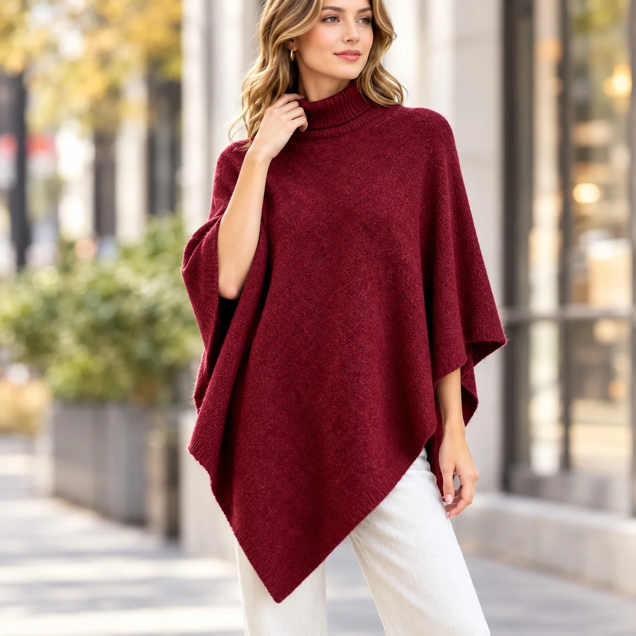 Thermal Cape Plain Urban Street with Hoodless Pullover Warmth Retention Turtleneck Flat Weave Women Cape for Summer Autumn