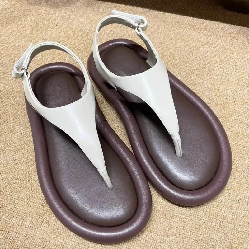 Fashion Beach Women Sandals Black White Leather Summer Shoes Ankle Buckle Flats Simple Round Toe Sandalias Comfortable Flip Flop