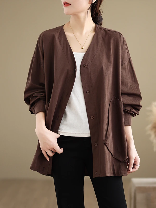 ゆったりとしたVネックのロング丈カーディガン、レディース、カラーダブル、カジュアル、綿混紡、オープンカーディガンコート