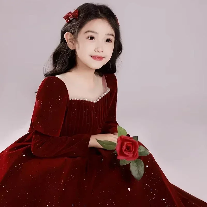 Girls Red Dresses for Party Wedding Children Red Sequins Beading Ball Gown Dress Partywear Vestidos Bridesmaid Costume Infants