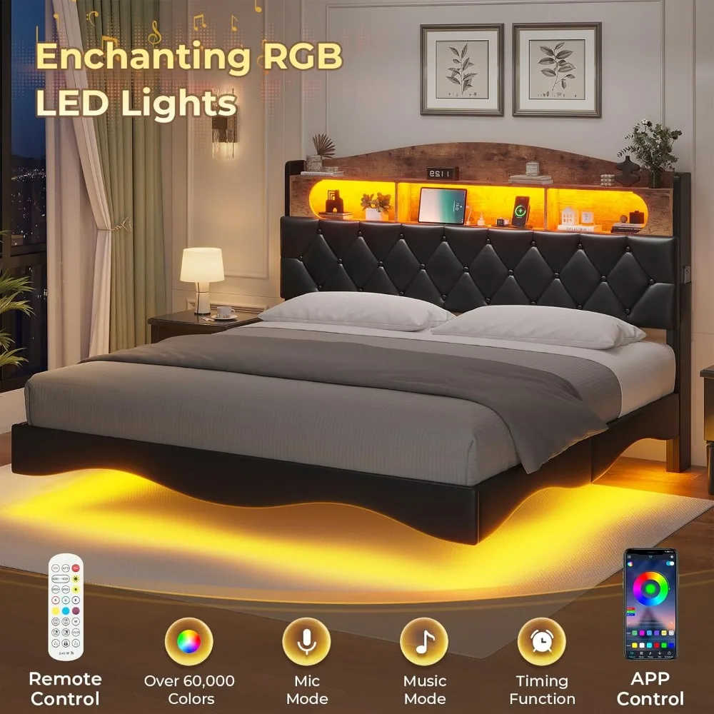 Zwevend Bedframe Kingsize Met Laadstation En Verborgen Opberghoofdeinde, Gestoffeerd Platformbed Met Rgb Led-Verlichting