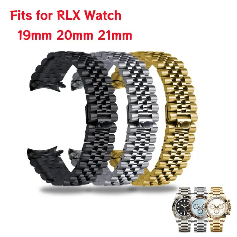 19mm 20mm 21mm Stainless Steel Jibilee Silver Gold Black Curved End Hidden Clasp Watch Strap Band Fits for RLX  Date Watch