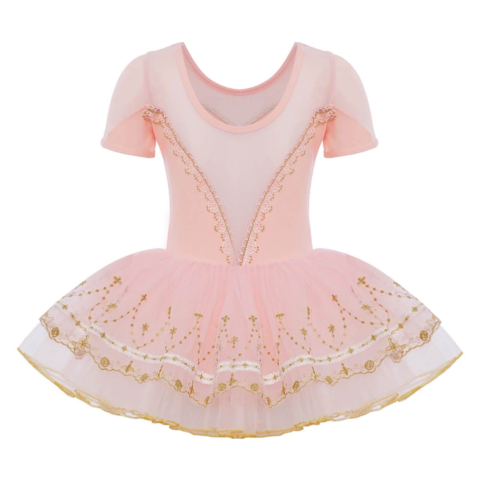 

Kids Girls Ballet Tutu Dance Dress Gymnastics Performance Skating Costume Short Sleeve Sheer Mesh Lace Trim Embroidery Hem Dress
