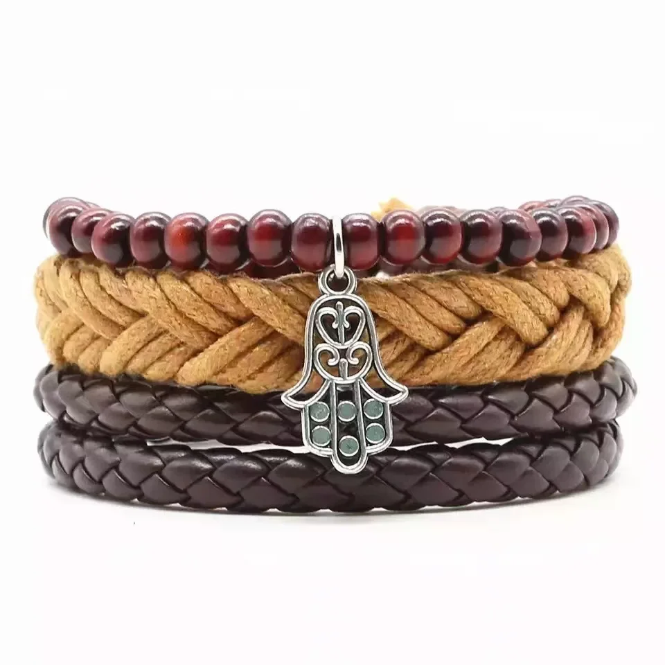 Punk Gothic Rock and roll Fashion Individuality Knit Leather Bracelet Multilayer Set Retro Accessory Men's