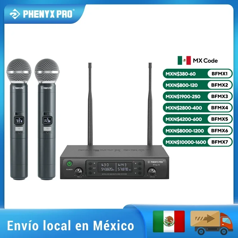 Phenyx Pro UHF Profeesional Adjustable Dual Wireless Microphone System for Stage Performances Sturdy Metal Build 100M PTU71