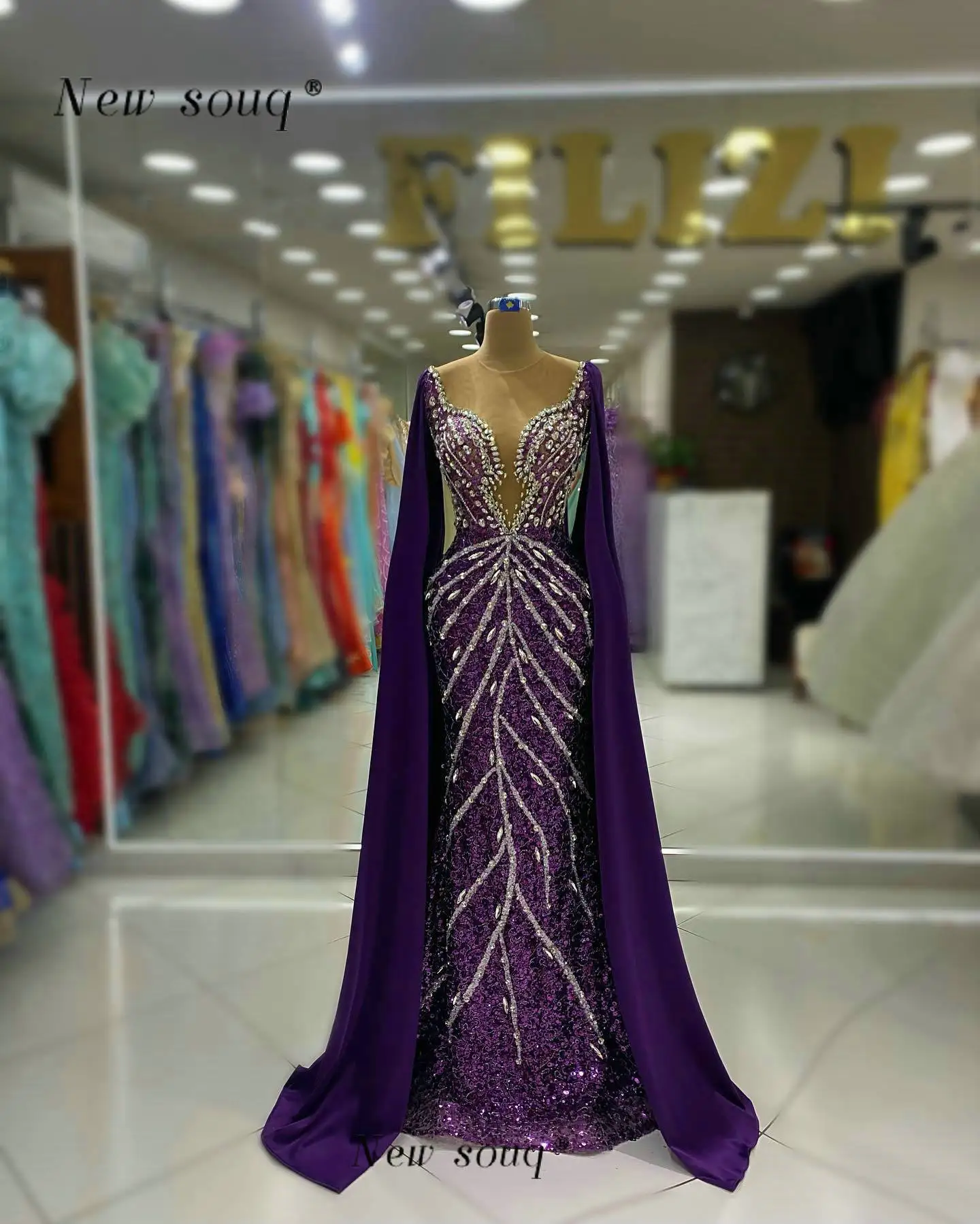 Dubai Arabic Purple Mermaid Elegant Cape Sleeves Evening Dresses Luxury Crystals Stones Prom Gowns For Women Wedding Party 2024