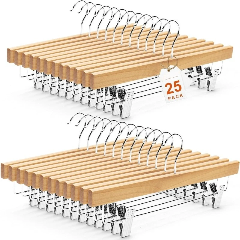 

Premium Wooden Pants Hangers 25 Pack, Solid Lotus Wood Skirt Hangers with 2-Adjustable Clips, Heavy Duty & Anti Slip Wood Bottom