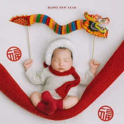 Baby Photography Props Dragon Year Theme Infant Photo Costume Hat Bodysuit Scarf 3pcs/Set Clothes and Chinese Dragon Photo Props