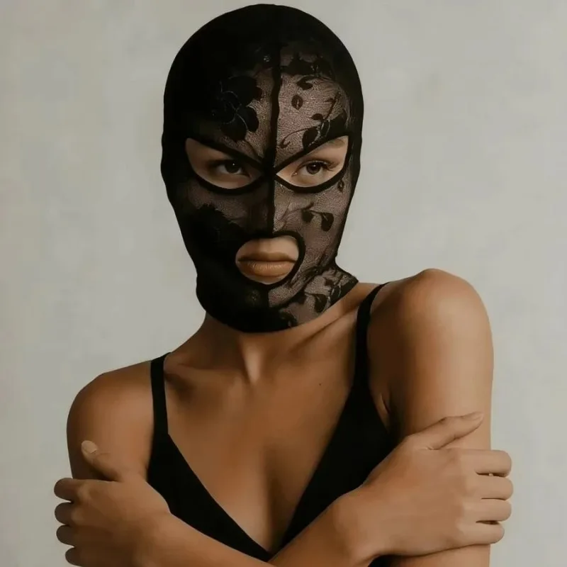 Unisex Full Face Venetian Gothic Lace Mask with Eye Mouth Openings,Black Mesh Headpiece