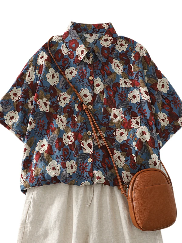 Hong kong sle floral irt feminino verão novo design solto casual retro impressão topo na moda ort sve colarinho tecido fino