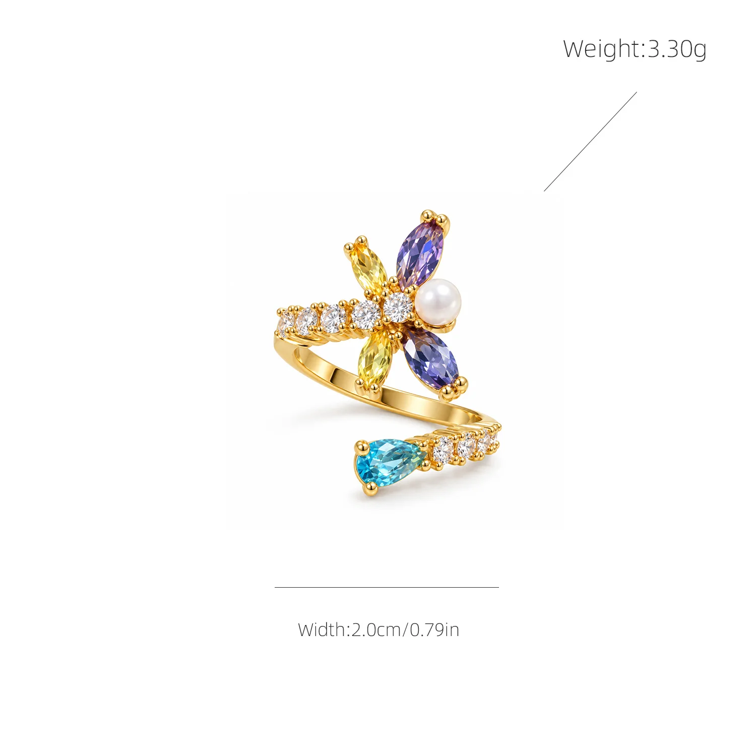 1Pcs vibrant multi color floral open ring pearl detail teardrop pendant ring trendy statement cocktail jewelry for women party b