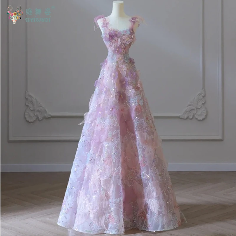 

Three Dimensional Flower Purple Waist Cinching Evening Gown with Bead Embroidery and A-line Birthday Party Evening Gown