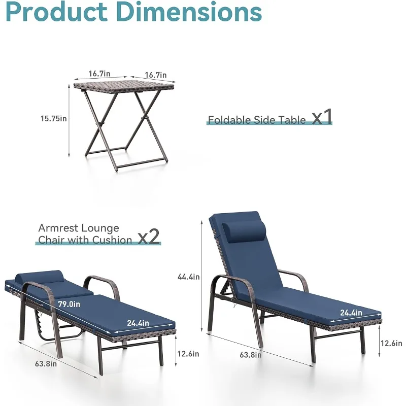 Outdoor Chaiselongue 3 Stück Möbel Set Rattan Strand Pool Liegestühle, verstellbare Rückenlehne Liegestuhl