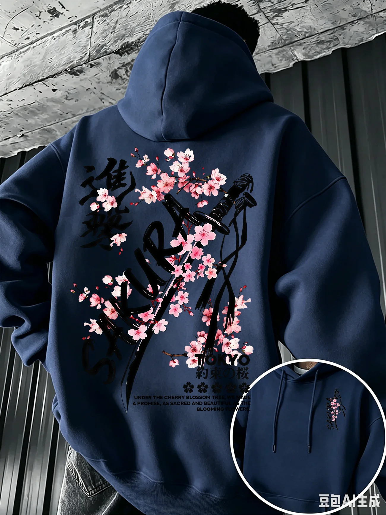 Herren-Herbst-Winter-Kapuzenpullover im japanischen Stil mit Kirschblüten-Samuraischwert und chinesischer Kalligrafie, lockerer Pullover – Detail 4