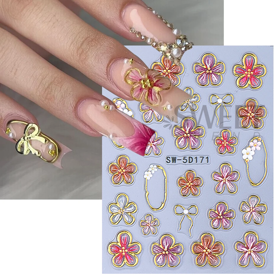 Pegatinas de uñas en relieve de lirio de cristal 5D, marco de línea dorada de pétalo colorido, calcomanía deslizante de lazo, accesorios de decoración de manicura DIY, herramientas