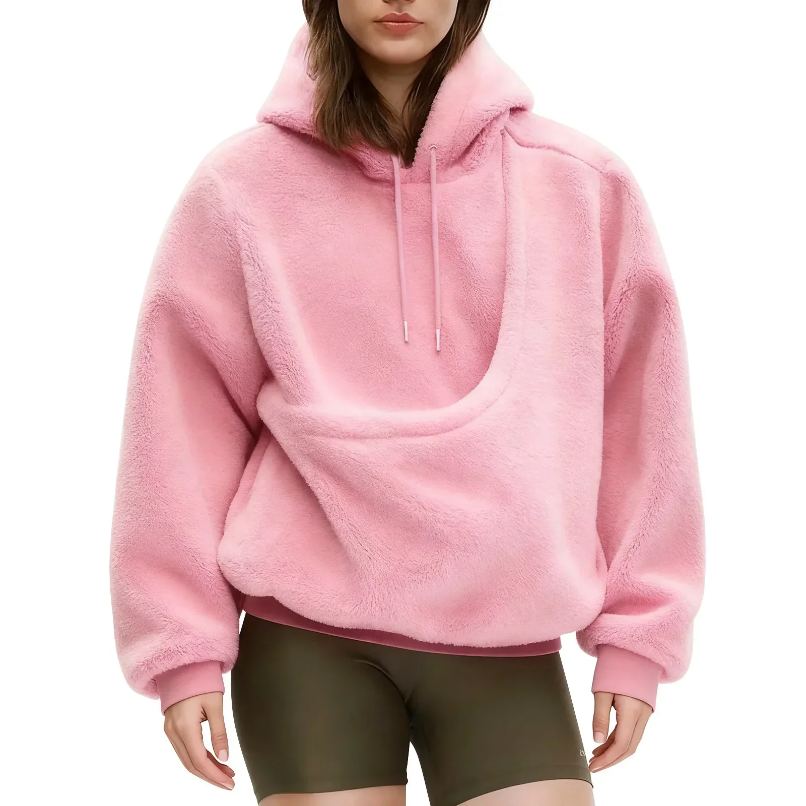 Women Solid Hooded Fleece Oversized Pullover Sweatshirt With Pet Pocket Autumn Winter Casual Top Ladies Cozy