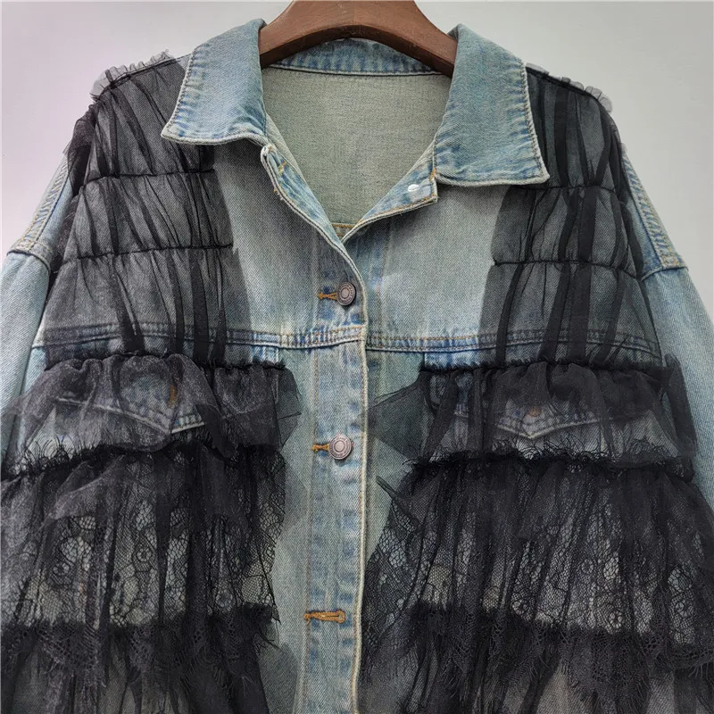 Tanntผู้หญิงเสื้อตาข่ายPatchworkแฟชั่นการจับคู่สีDENIM Coatsสําหรับผู้หญิงไม่สม่ําเสมอหลวมDENIMแจ็คเก็ต 2025 ใหม่
