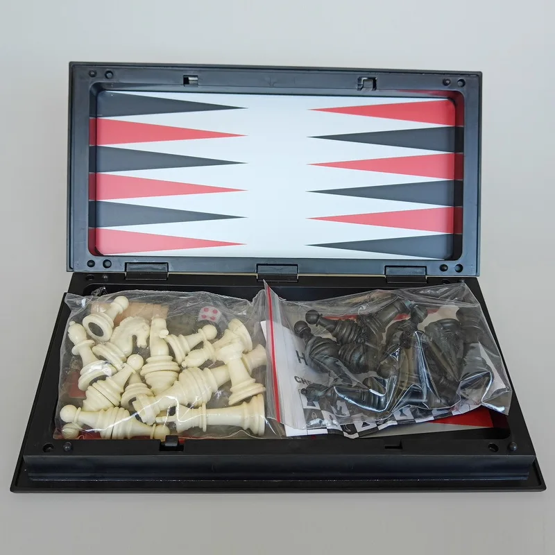 Xadrez magnético dobrável 25cm damas gamão jogo tabuleiro 3-em-1 mesa ideal para reunião de família