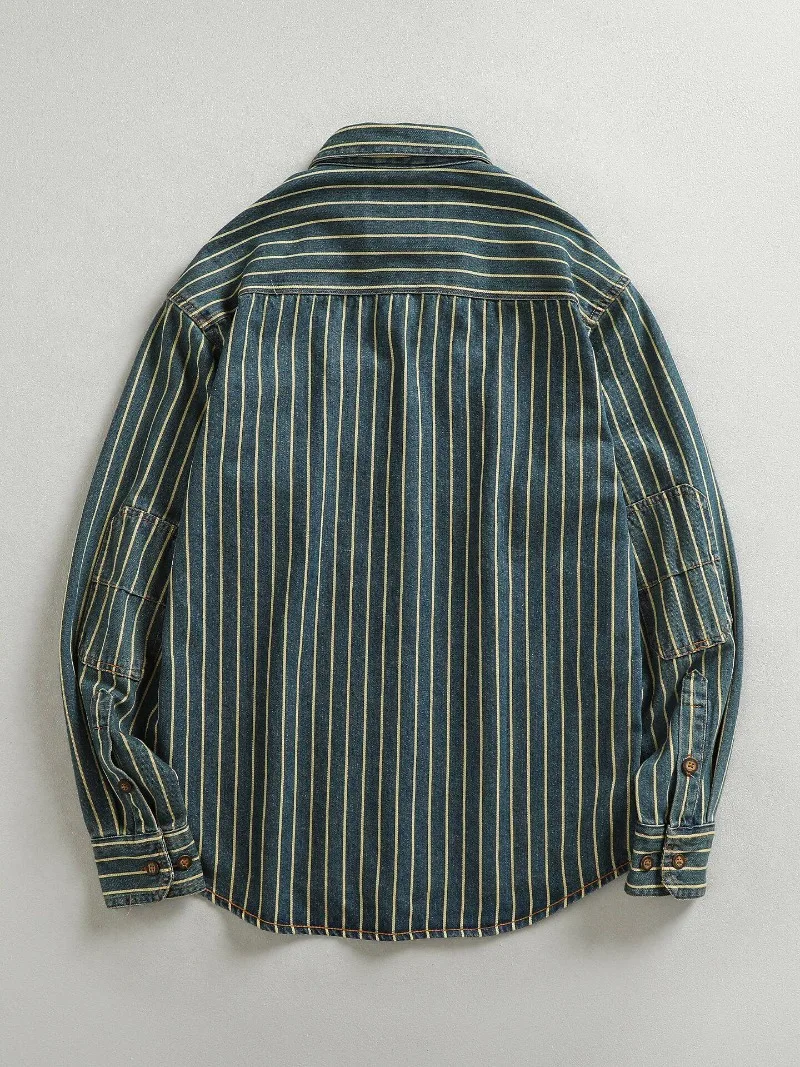Heavy Washed Vintage Blue Striped Denim Shirt for Men, Trendy Thick Shirt Jacket Top